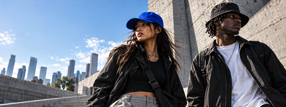 Two hat wearers in a modern urban plaza