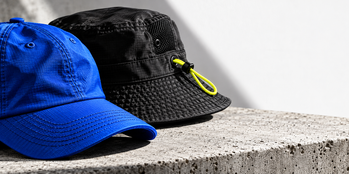 Close view of technical cap and bucket hat materials