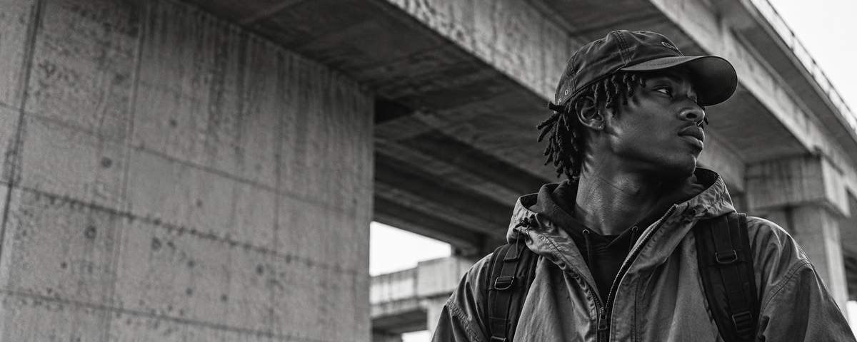 Black and white street portrait under concrete architecture